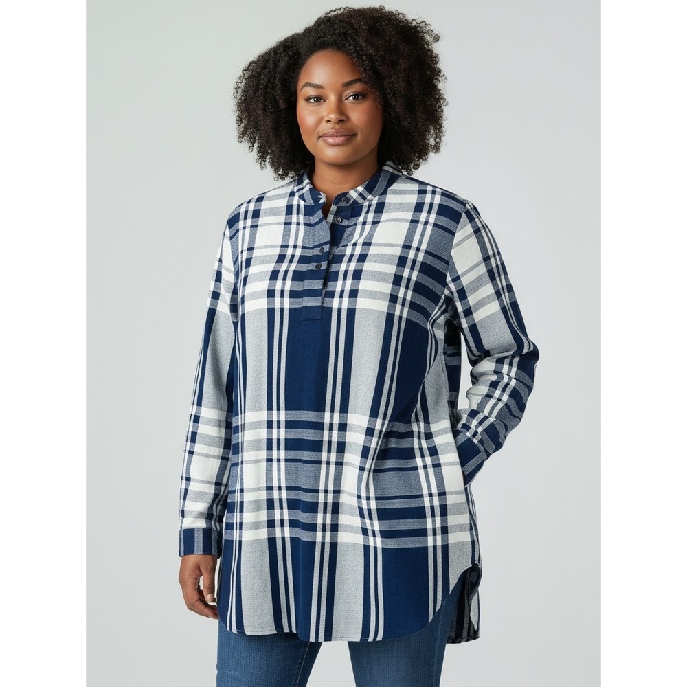 Liz Claiborne Tunic Women Plus Plaid Pullover Blue 0X Excellent Long Sleeve